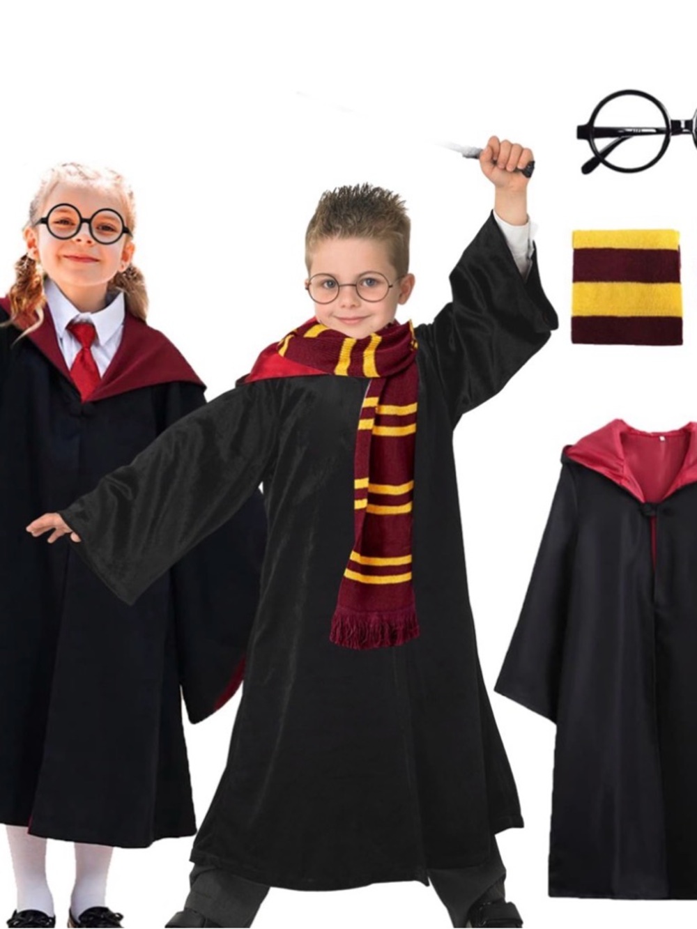 Kids Wizard Costume with Burgundy & Gold Scarf - Classic School Robe
